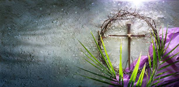 cross, palms and purple flowers
