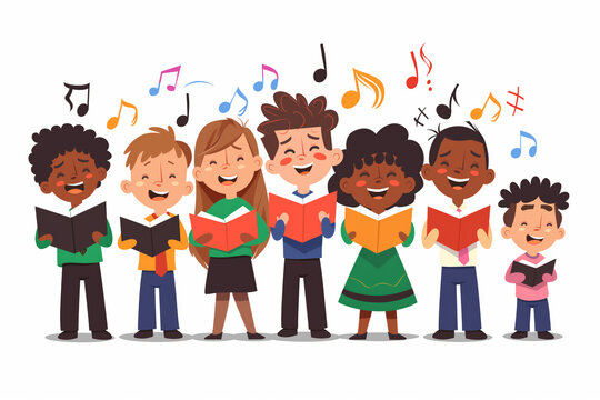 cartoon drawing of children singing with hymnals